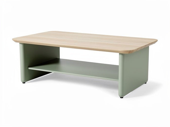 Moderne salontafel met een houten blad en groene basis