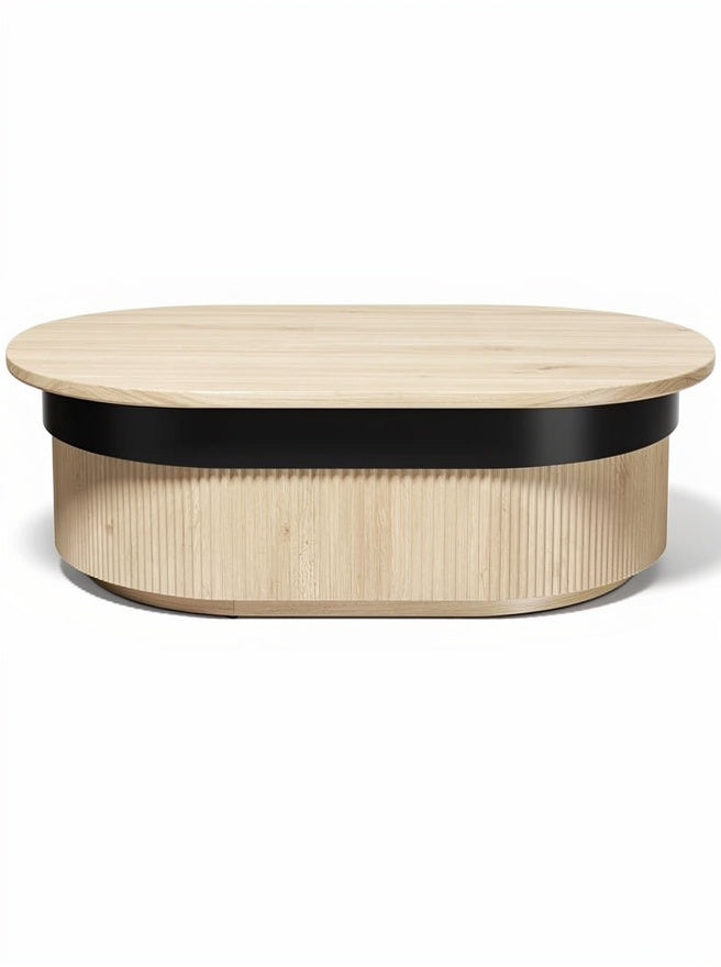 Moderne eettafel van hout met een zwarte accentrand
