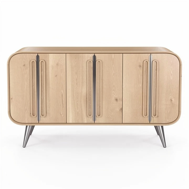 Moderne houten dressoir met gebogen randen en stijlvolle handgrepen